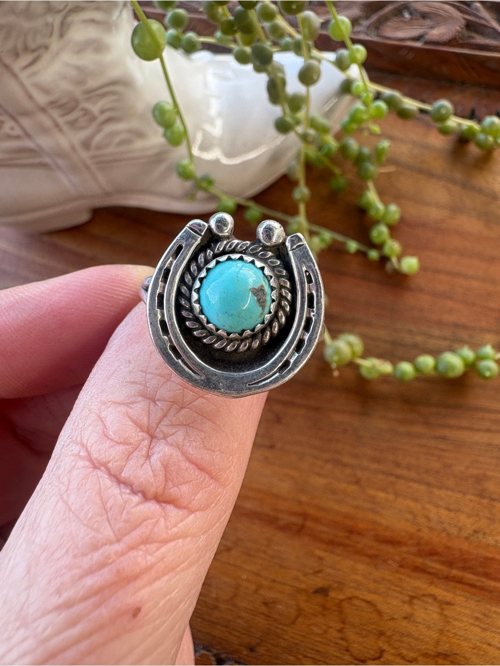 Artisan Sterling Silver Turquoise Horseshoe Ring Size 8.75 Southwestern